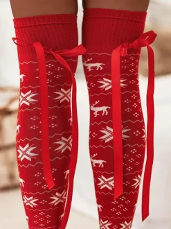 Christmas Pattern Stockings Ribbed Trim Winter Socks