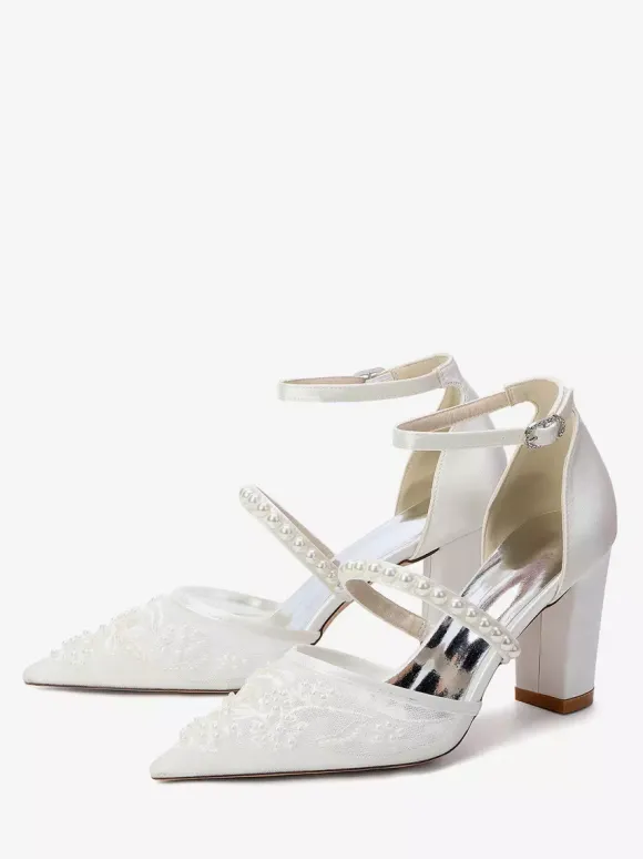 Chunky Heel Bridal Shoes Pointed Toe Pearls High Heel Wedding Shoes