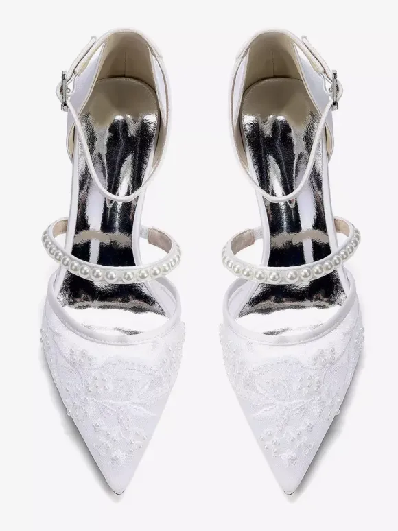 Chunky Heel Bridal Shoes Pointed Toe Pearls High Heel Wedding Shoes