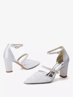 Chunky Heel Bridal Shoes Pointed Toe Pearls High Heel Wedding Shoes