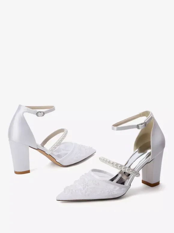 Chunky Heel Bridal Shoes Pointed Toe Pearls High Heel Wedding Shoes