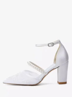 Chunky Heel Bridal Shoes Pointed Toe Pearls High Heel Wedding Shoes