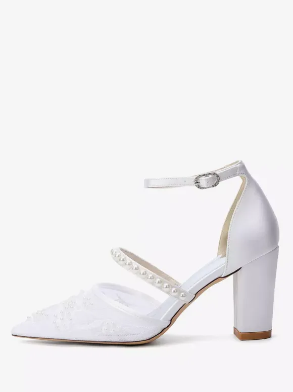 Chunky Heel Bridal Shoes Pointed Toe Pearls High Heel Wedding Shoes