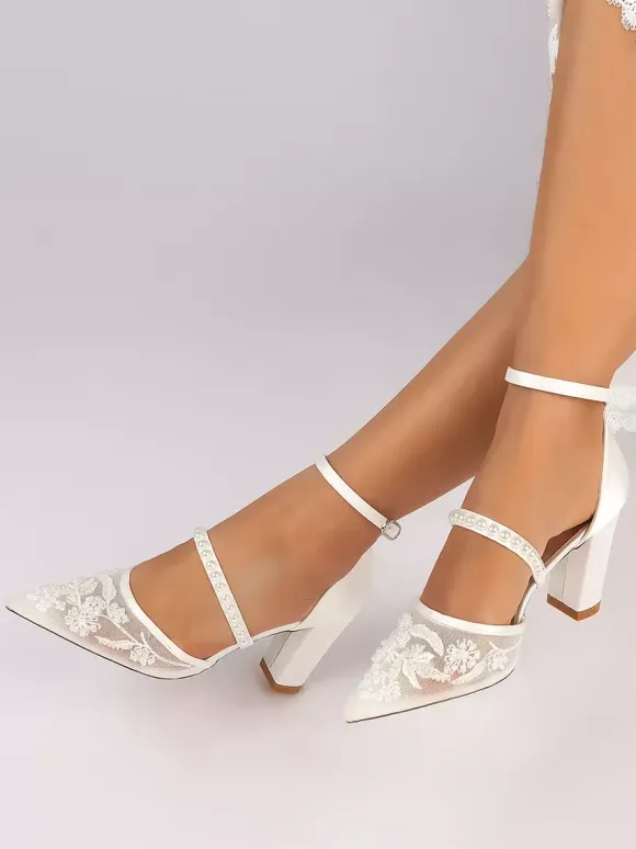 Chunky Heel Bridal Shoes Pointed Toe Pearls High Heel Wedding Shoes