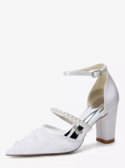Chunky Heel Bridal Shoes Pointed Toe Pearls High Heel Wedding Shoes