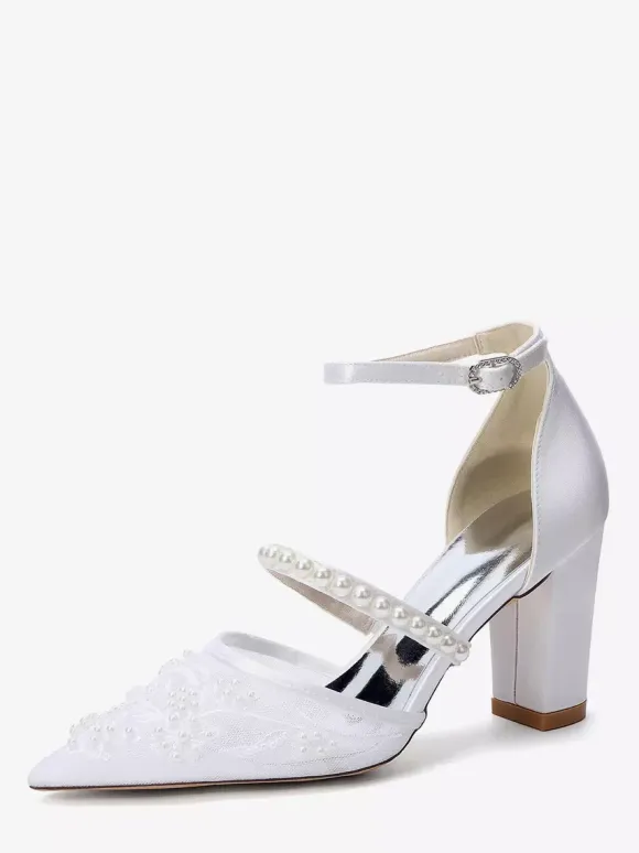 Chunky Heel Bridal Shoes Pointed Toe Pearls High Heel Wedding Shoes