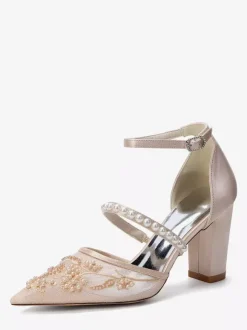 Chunky Heel Bridal Shoes Pointed Toe Pearls High Heel Wedding Shoes