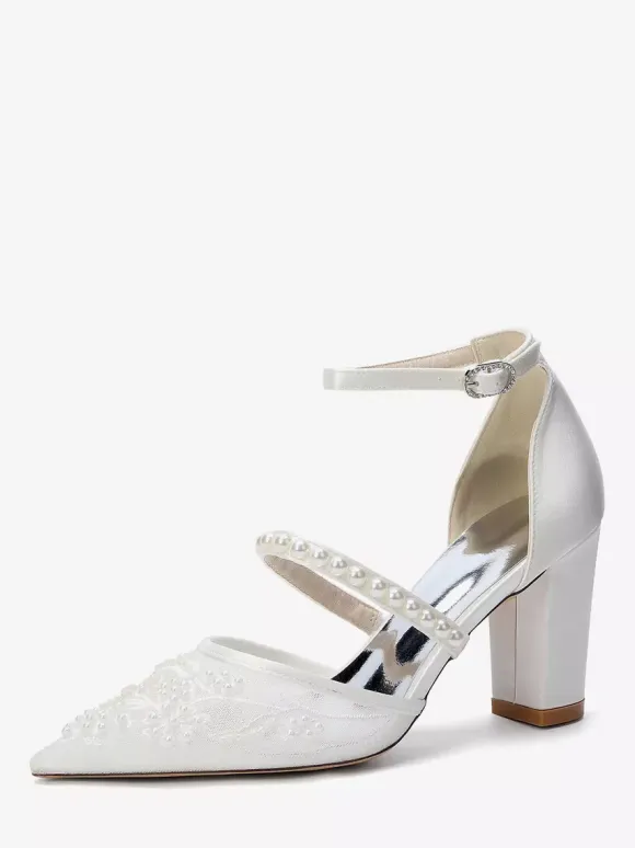 Chunky Heel Bridal Shoes Pointed Toe Pearls High Heel Wedding Shoes