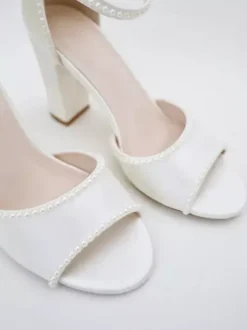Chunky Heel Wedding Shoes White Pearls Open Toe Bridal Shoes