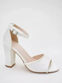 Chunky Heel Wedding Shoes White Pearls Open Toe Bridal Shoes