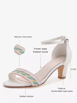 Chunky Heel Bridal Shoes Floral Embroidered Ankle Strap Wedding Shoes