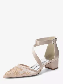 Chunky Heel Bridal Shoes Pointed Toe Beaded Strappy Low Heel Wedding Shoes