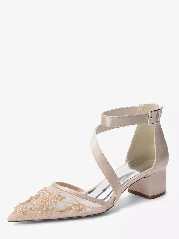 Chunky Heel Bridal Shoes Pointed Toe Beaded Strappy Low Heel Wedding Shoes