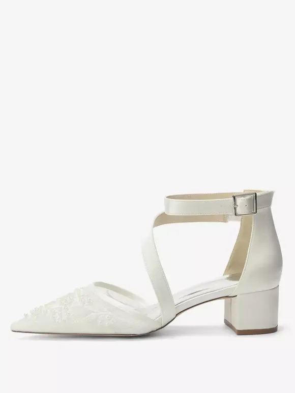 Chunky Heel Bridal Shoes Pointed Toe Beaded Strappy Low Heel Wedding Shoes
