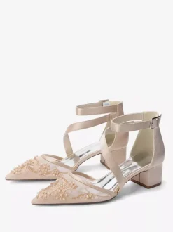 Chunky Heel Bridal Shoes Pointed Toe Beaded Strappy Low Heel Wedding Shoes