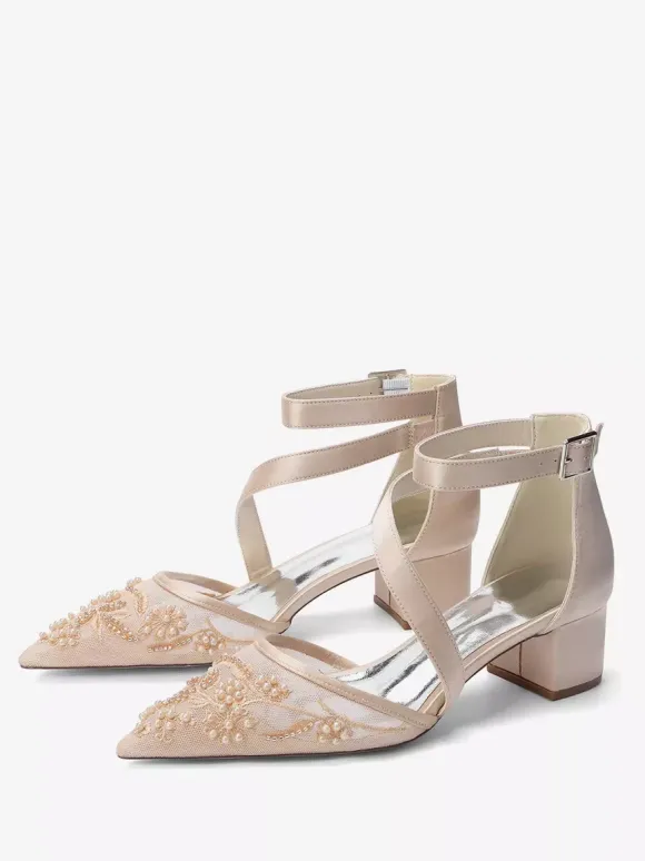 Chunky Heel Bridal Shoes Pointed Toe Beaded Strappy Low Heel Wedding Shoes