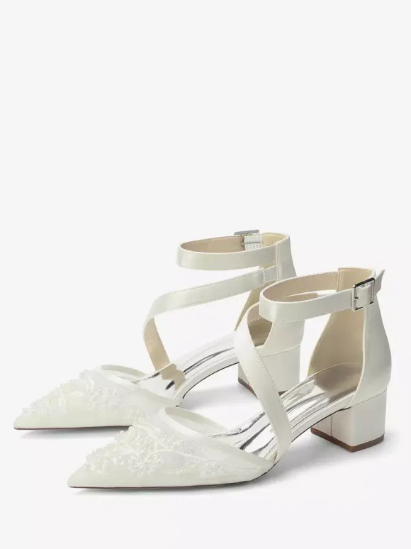 Chunky Heel Bridal Shoes Pointed Toe Beaded Strappy Low Heel Wedding Shoes