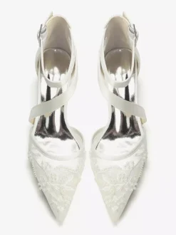 Chunky Heel Bridal Shoes Pointed Toe Beaded Strappy Low Heel Wedding Shoes