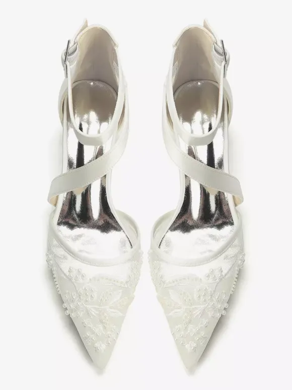 Chunky Heel Bridal Shoes Pointed Toe Beaded Strappy Low Heel Wedding Shoes