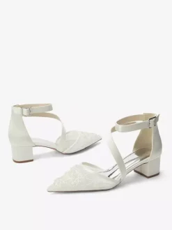 Chunky Heel Bridal Shoes Pointed Toe Beaded Strappy Low Heel Wedding Shoes