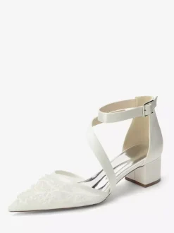Chunky Heel Bridal Shoes Pointed Toe Beaded Strappy Low Heel Wedding Shoes