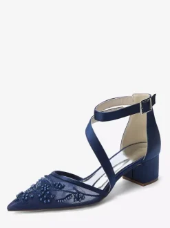 Chunky Heel Bridal Shoes Pointed Toe Beaded Strappy Low Heel Wedding Shoes