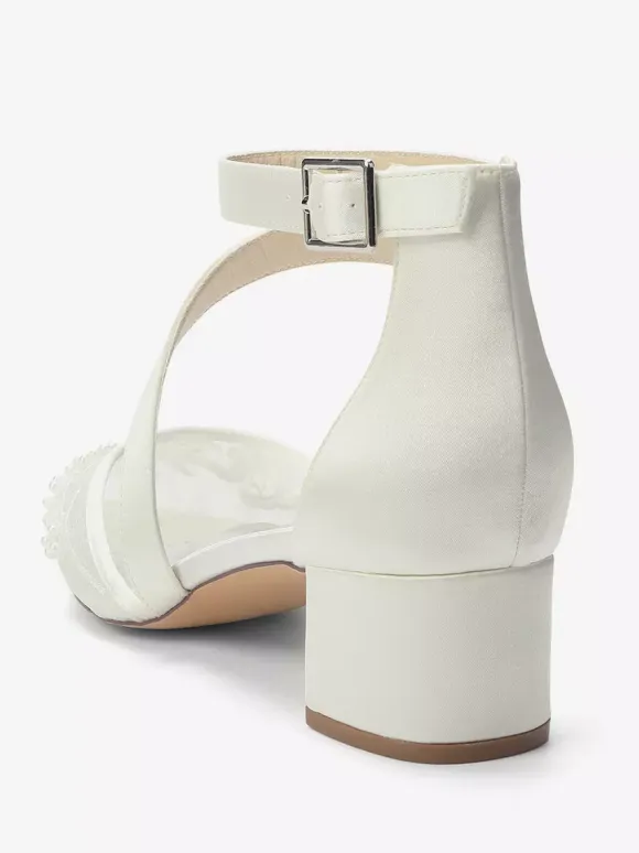 Chunky Heel Bridal Shoes Pointed Toe Beaded Strappy Low Heel Wedding Shoes