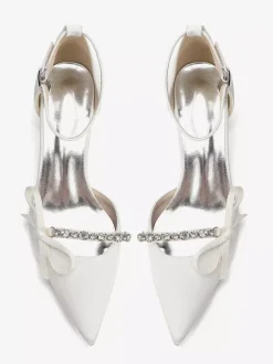 Chunky Heel Bridal Shoes Satin Pointed Toe Rhinestones Bow Ankle Strap Wedding Shoes