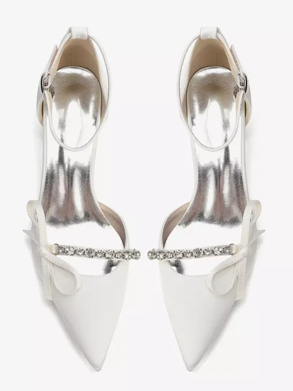 Chunky Heel Bridal Shoes Satin Pointed Toe Rhinestones Bow Ankle Strap Wedding Shoes
