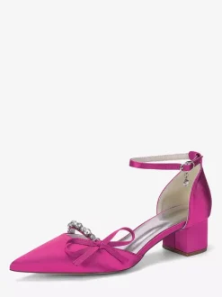 Chunky Heel Bridal Shoes Satin Pointed Toe Rhinestones Bow Ankle Strap Wedding Shoes