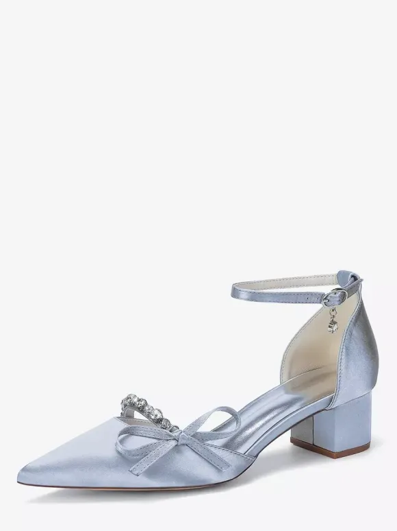 Chunky Heel Bridal Shoes Satin Pointed Toe Rhinestones Bow Ankle Strap Wedding Shoes