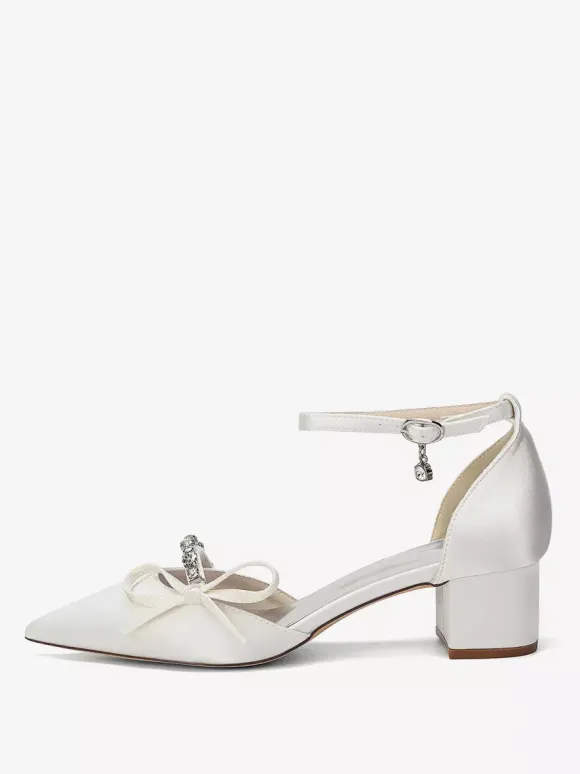 Chunky Heel Bridal Shoes Satin Pointed Toe Rhinestones Bow Ankle Strap Wedding Shoes