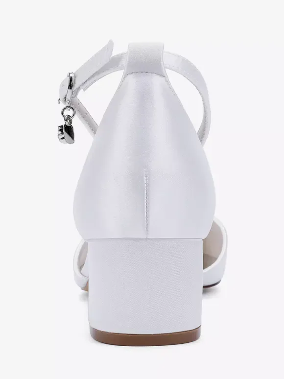 Chunky Heel Bridal Shoes Satin Pointed Toe Rhinestones Bow Ankle Strap Wedding Shoes