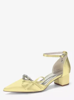 Chunky Heel Bridal Shoes Satin Pointed Toe Rhinestones Bow Ankle Strap Wedding Shoes