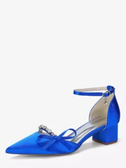 Chunky Heel Bridal Shoes Satin Pointed Toe Rhinestones Bow Ankle Strap Wedding Shoes