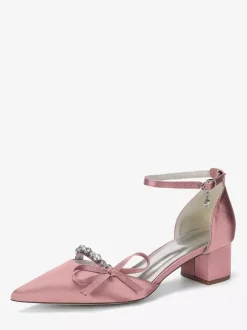 Chunky Heel Bridal Shoes Satin Pointed Toe Rhinestones Bow Ankle Strap Wedding Shoes