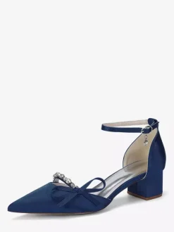 Chunky Heel Bridal Shoes Satin Pointed Toe Rhinestones Bow Ankle Strap Wedding Shoes