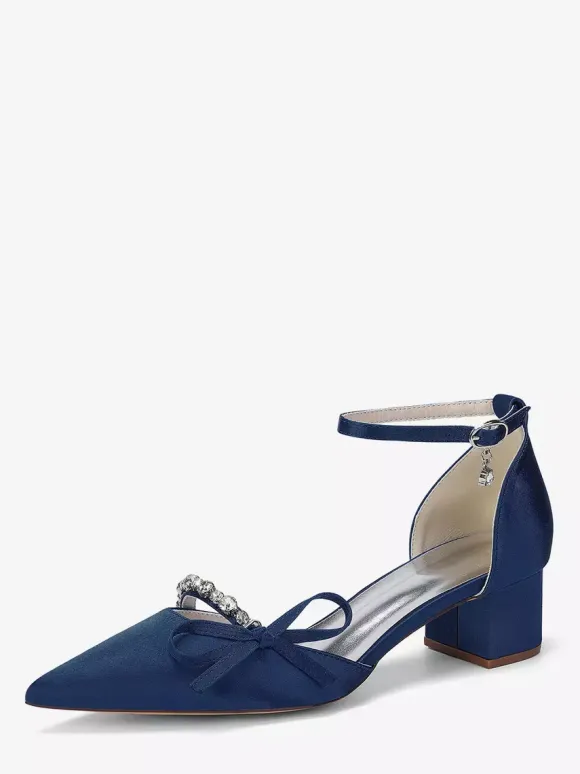 Chunky Heel Bridal Shoes Satin Pointed Toe Rhinestones Bow Ankle Strap Wedding Shoes