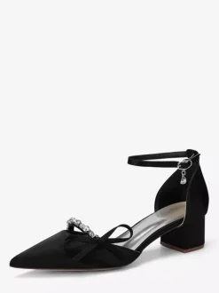 Chunky Heel Bridal Shoes Satin Pointed Toe Rhinestones Bow Ankle Strap Wedding Shoes
