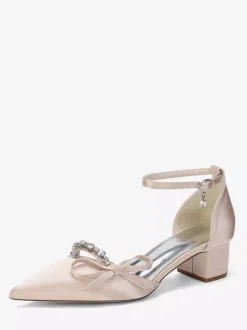 Chunky Heel Bridal Shoes Satin Pointed Toe Rhinestones Bow Ankle Strap Wedding Shoes