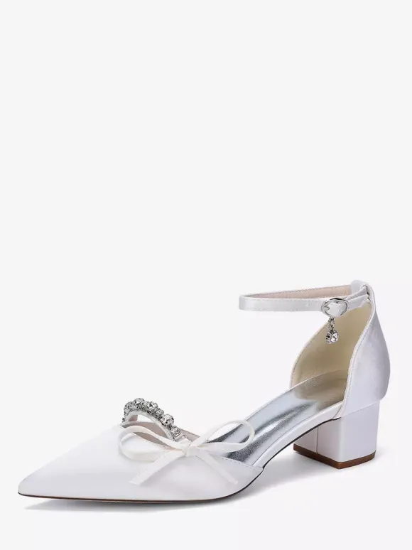 Chunky Heel Bridal Shoes Satin Pointed Toe Rhinestones Bow Ankle Strap Wedding Shoes