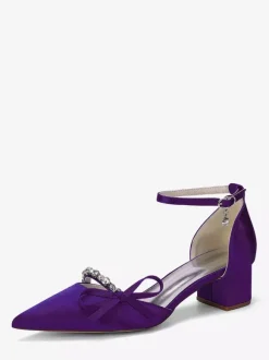 Chunky Heel Bridal Shoes Satin Pointed Toe Rhinestones Bow Ankle Strap Wedding Shoes