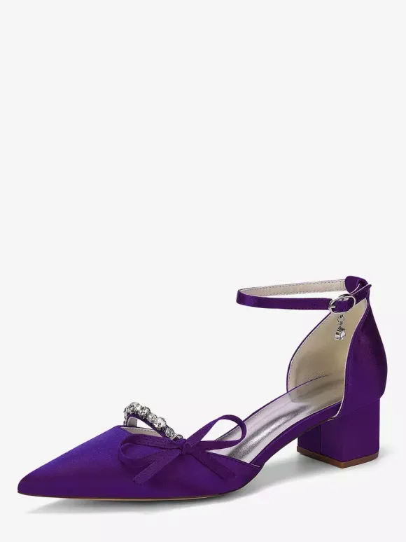 Chunky Heel Bridal Shoes Satin Pointed Toe Rhinestones Bow Ankle Strap Wedding Shoes