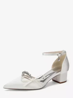 Chunky Heel Bridal Shoes Satin Pointed Toe Rhinestones Bow Ankle Strap Wedding Shoes
