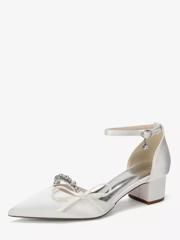 Chunky Heel Bridal Shoes Satin Pointed Toe Rhinestones Bow Ankle Strap Wedding Shoes
