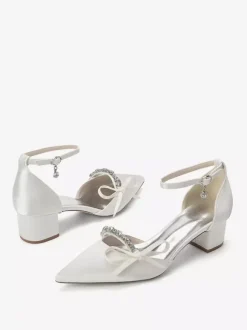 Chunky Heel Bridal Shoes Satin Pointed Toe Rhinestones Bow Ankle Strap Wedding Shoes