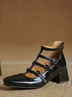 Chunky Heel Pumps Square Toe Strappy Mid Heel Vintage Shoes