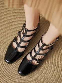 Chunky Heel Pumps Square Toe Strappy Mid Heel Vintage Shoes