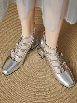 Chunky Heel Pumps Square Toe Strappy Mid Heel Vintage Shoes