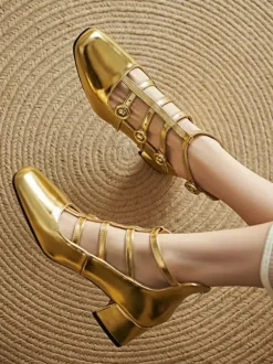 Chunky Heel Pumps Square Toe Strappy Mid Heel Vintage Shoes